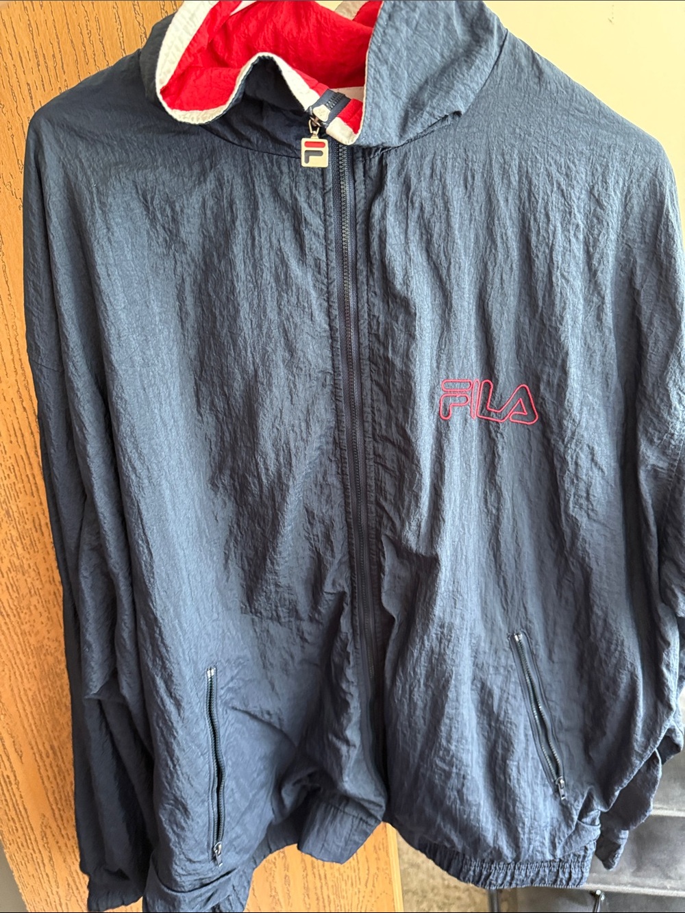 FILA Navy Windbreaker Jacket with Red Hood Lining